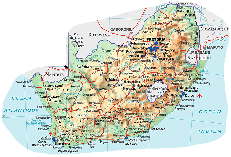 Carte relief Afrique du Sud